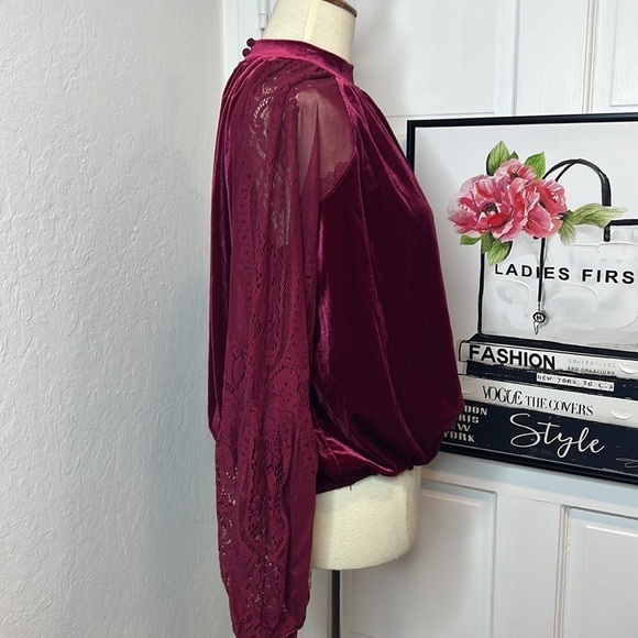 Free People Velvet High Neck Lace Blouse RTM - Picture 3 of 8